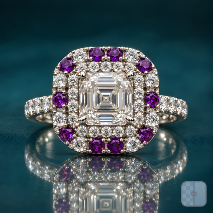 Kea engagement ring in white gold with an Asscher-cut diamond in a double cushion halo of diamonds and purple round stones on a pavé band