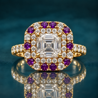 Kea engagement ring in yellow gold with an Asscher-cut diamond in a double cushion halo of diamonds and purple round stones on a pavé band