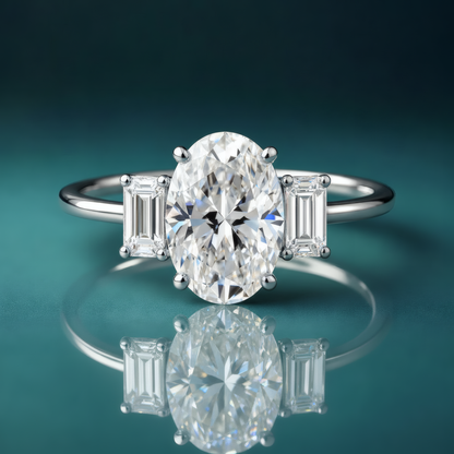 Gold three stone oval engagement ring with baguette side diamonds.