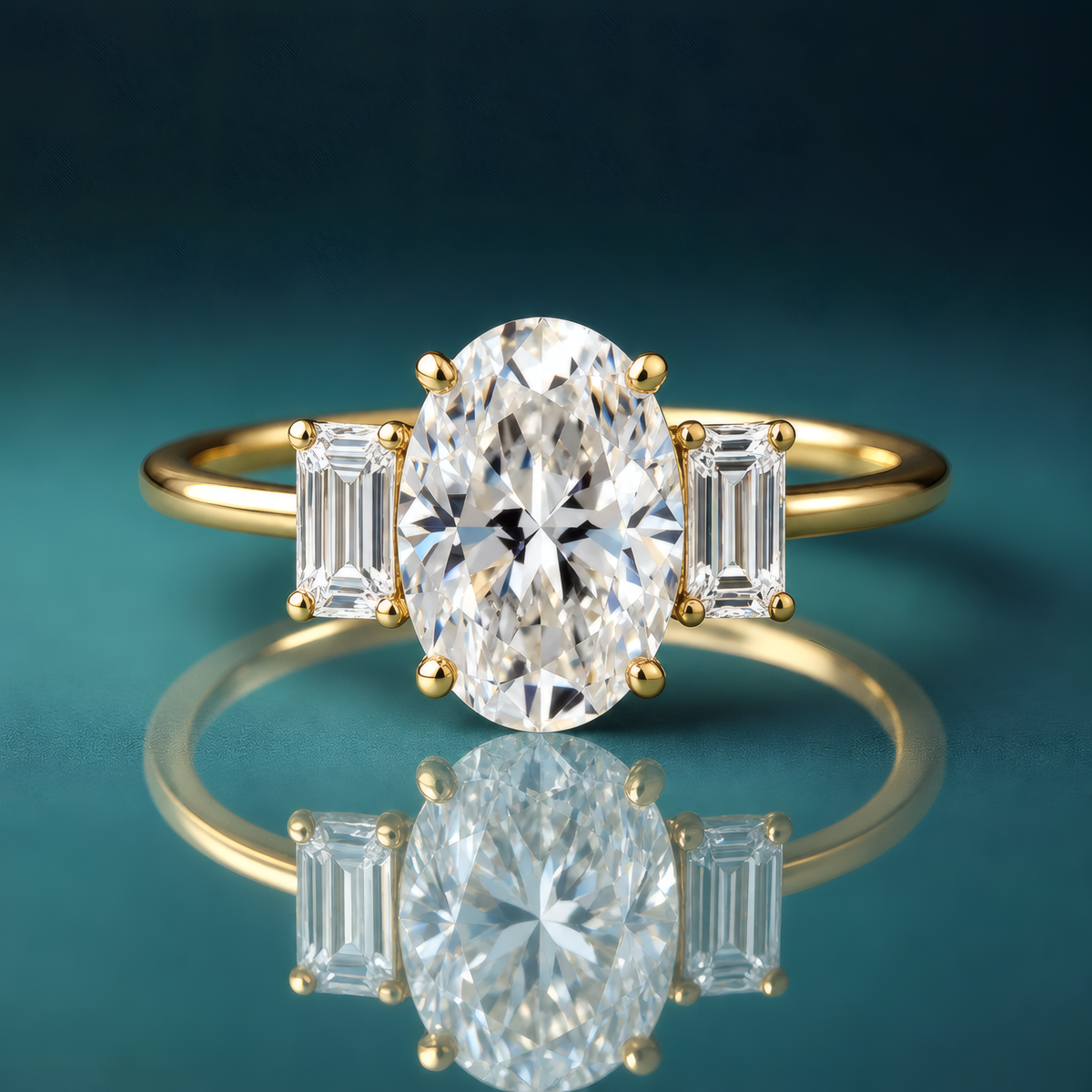 Gold three stone oval engagement ring with baguette side diamonds.