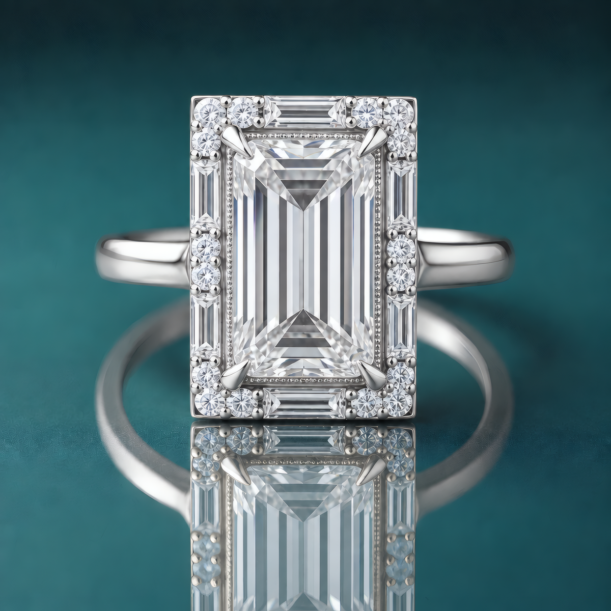 Unique white gold engagement ring with a large baguette center diamond and a halo composed of small baguette and round diamonds with a narrow, plain domed shank.
