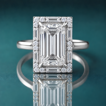 Unique white gold engagement ring with a large baguette center diamond and a halo composed of small baguette and round diamonds with a narrow, plain domed shank.