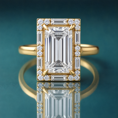Unique gold engagement ring with a large baguette center diamond and a halo composed of small baguette and round diamonds with a narrow, plain domed shank.