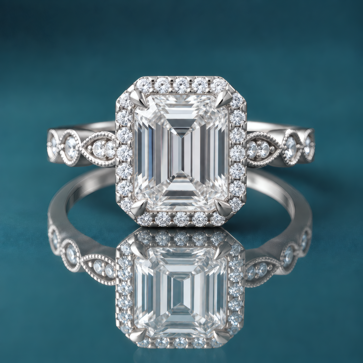 White gold vintage halo engagement ring with milgrain and accent diamonds.