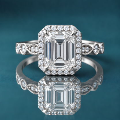 White gold vintage halo engagement ring with milgrain and accent diamonds.
