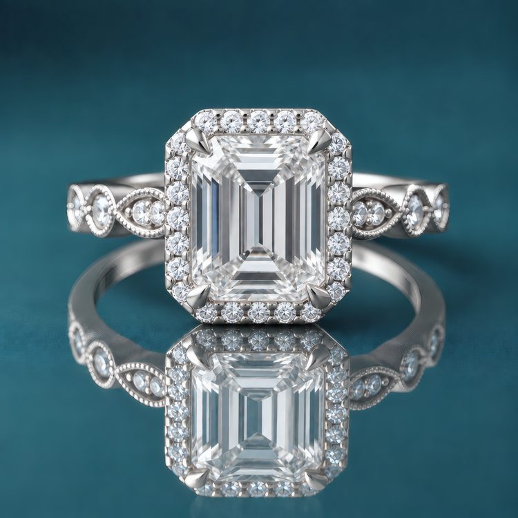 White gold vintage halo engagement ring with milgrain and accent diamonds.