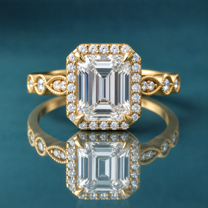 Gold vintage halo engagement ring with milgrain and accent diamonds.