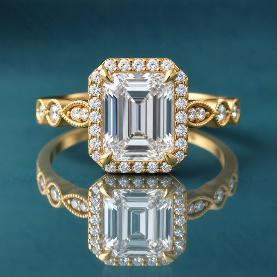 Gold vintage halo engagement ring with milgrain and accent diamonds.
