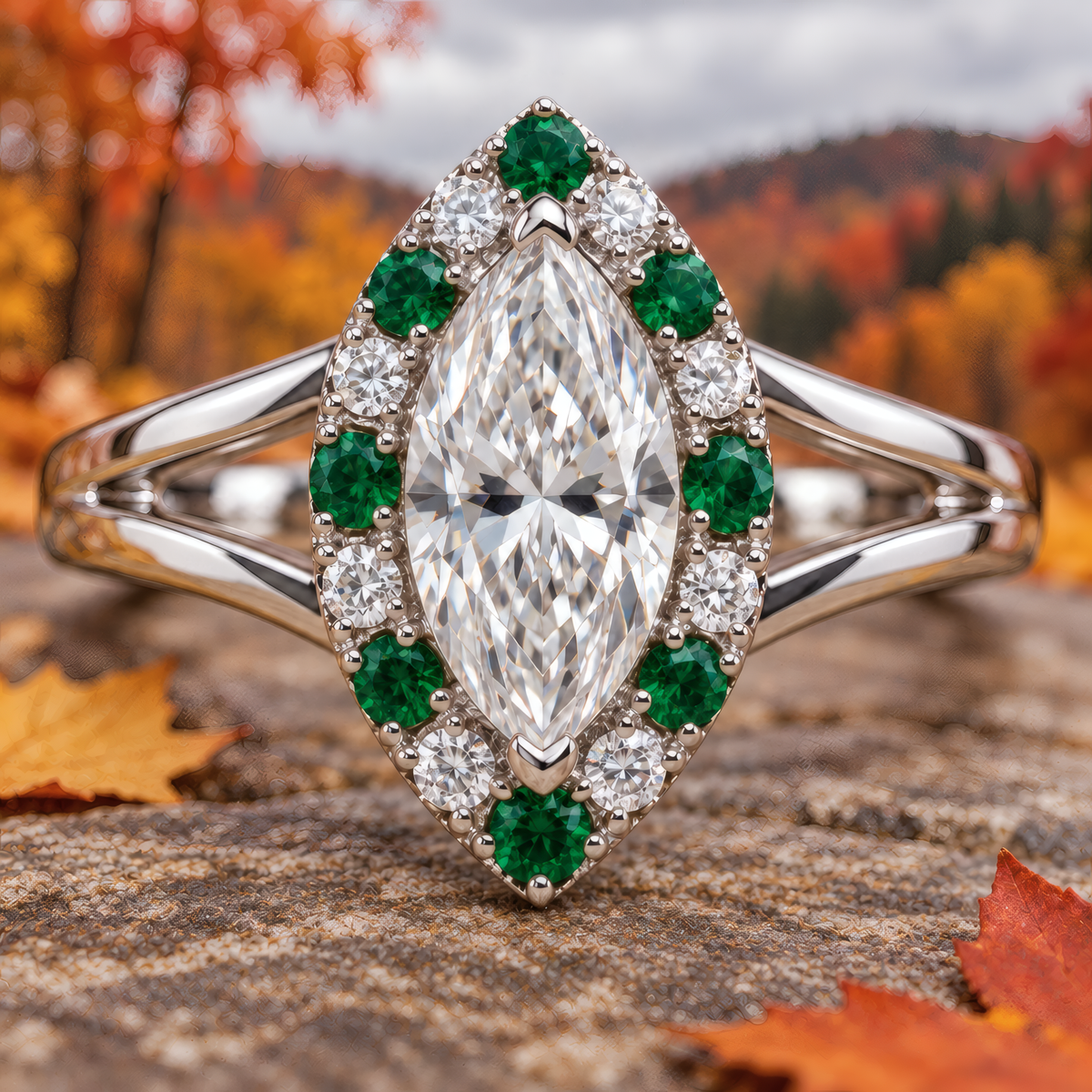 Lori engagement ring in white gold with a marquise diamond and green halo, resting on a stone among autumn leaves
