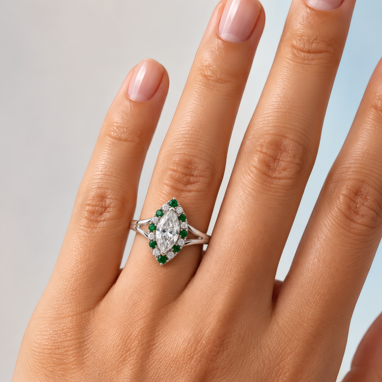 Lori engagement ring in white gold worn on a woman&