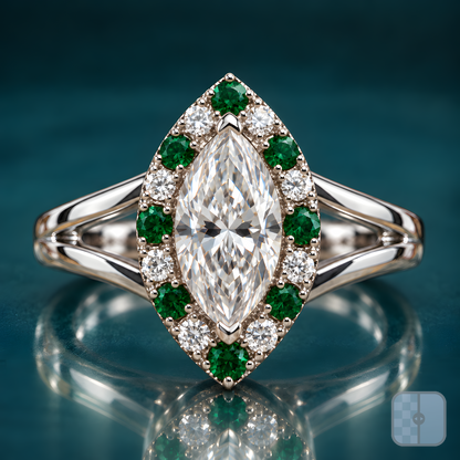 Lori engagement ring in white gold with a marquise diamond in a halo of alternating green stones and round diamonds on a split-shank band