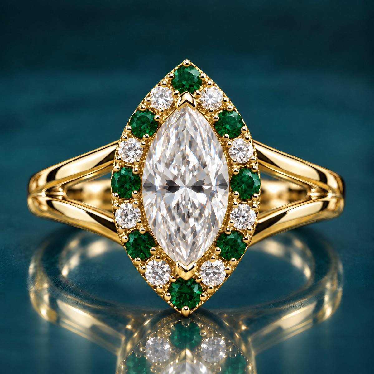 Lori engagement ring in yellow gold with a marquise diamond in a halo of alternating green stones and round diamonds on a split-shank band