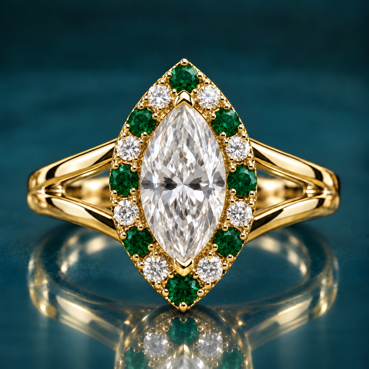 Lori engagement ring in yellow gold with a marquise diamond in a halo of alternating green stones and round diamonds on a split-shank band