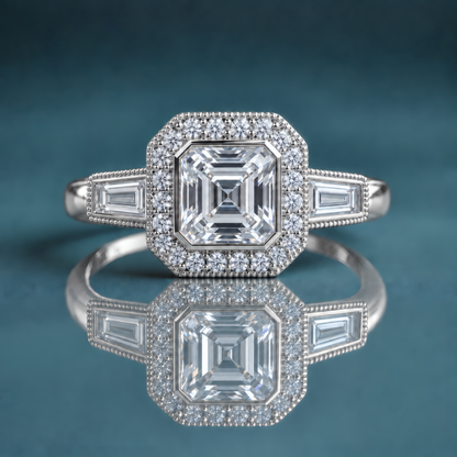 Unique white gold halo three-stone engagement ring with an asscher-shaped center stone, a halo of small round diamonds, and a large tapered baguette on each side of the halo. Milgrain surrounds the outer halo and the tapered baguettes.