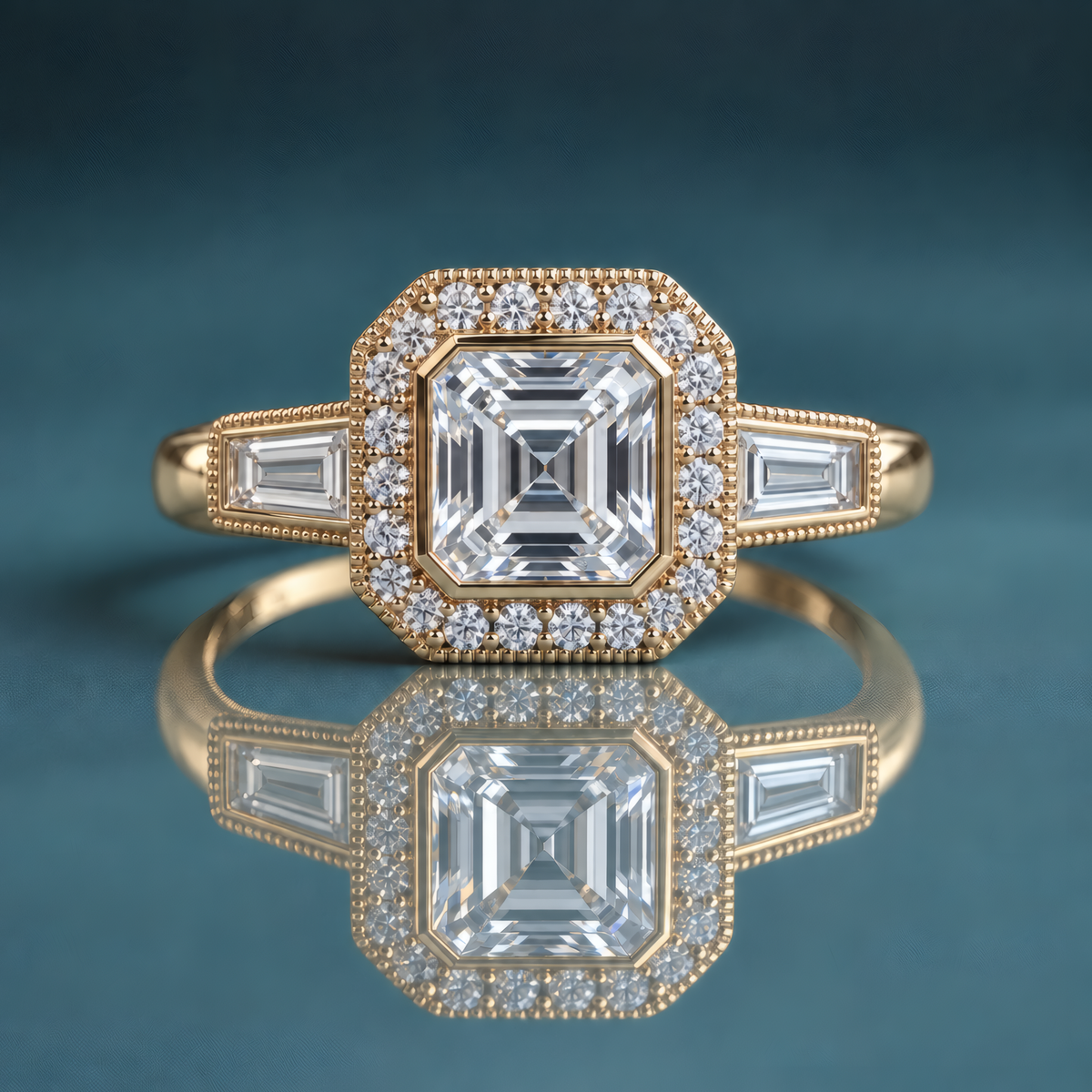 Unique gold halo three-stone engagement ring with an asscher-shaped center stone, a halo of small round diamonds, and a large tapered baguette on each side of the halo. Milgrain surrounds the outer halo and the tapered baguettes.