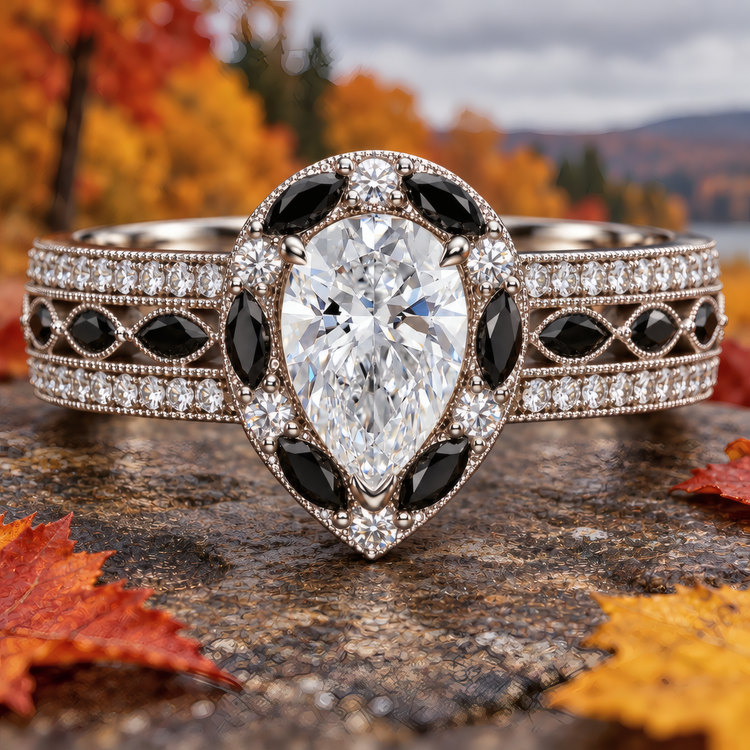 Melo engagement ring in white gold with a pear-shaped diamond and black marquise halo, resting on a stone among red and orange autumn leaves
