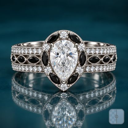 Melo engagement ring in white gold with a pear-shaped diamond in a halo of black marquise stones and round diamonds, set on a wide milgrain pavé band with a center row of black marquise accents