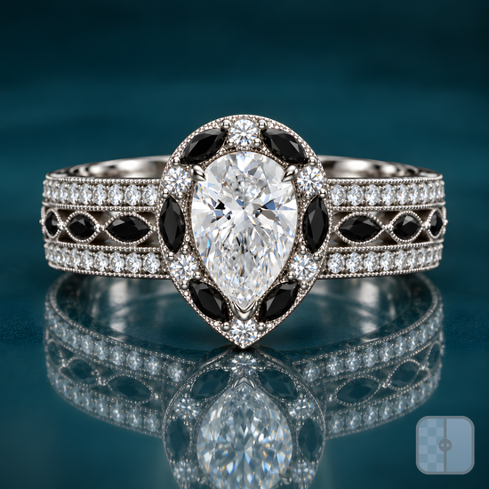 Melo engagement ring in white gold with a pear-shaped diamond in a halo of black marquise stones and round diamonds, set on a wide milgrain pavé band with a center row of black marquise accents