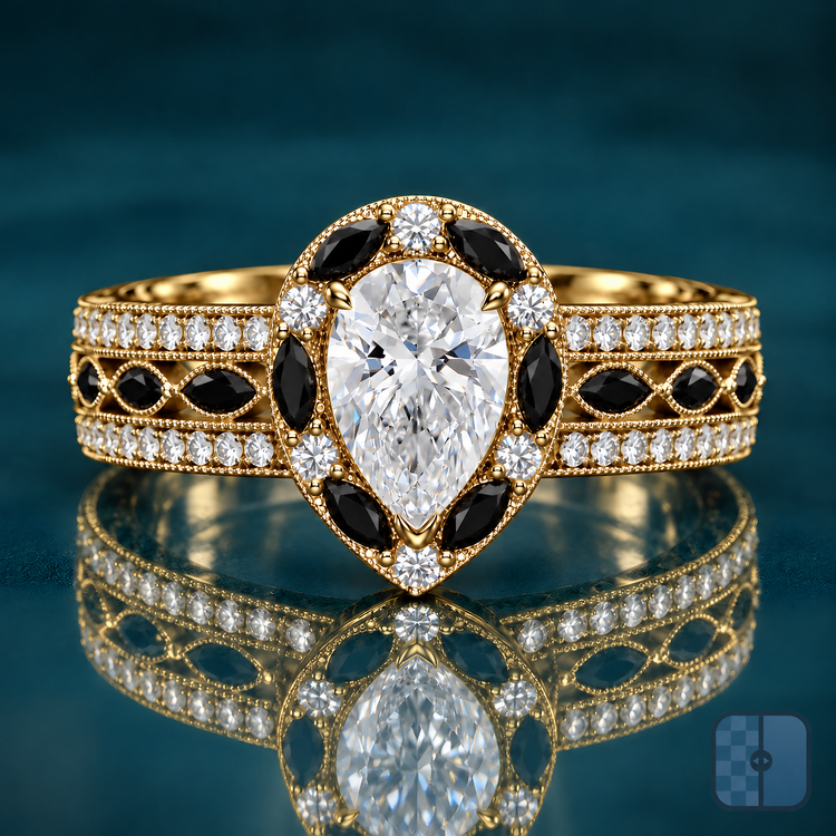 Melo engagement ring in yellow gold with a pear-shaped diamond in a halo of black marquise stones and round diamonds, set on a wide milgrain pavé band with a center row of black marquise accents