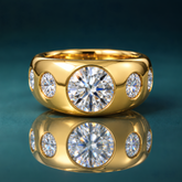 gold 5-stone engagement ring with large round diamonds. Wide engagement ring.