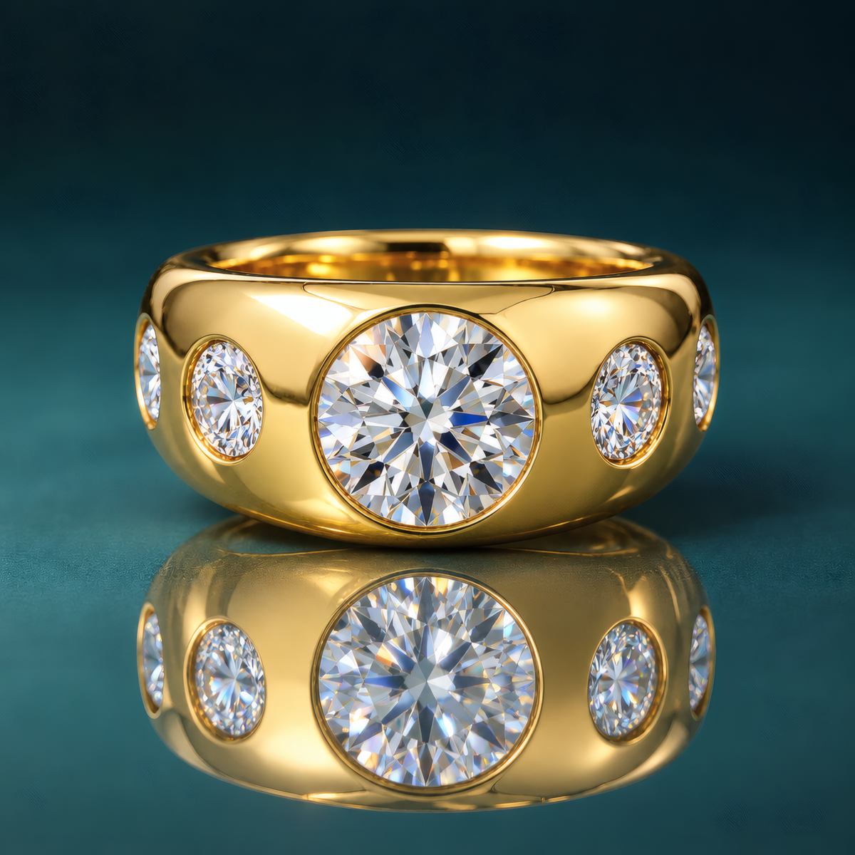 gold 5-stone engagement ring with large round diamonds. Wide engagement ring.