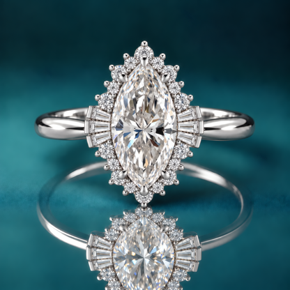 Unique white gold marquise diamond halo engagement ring