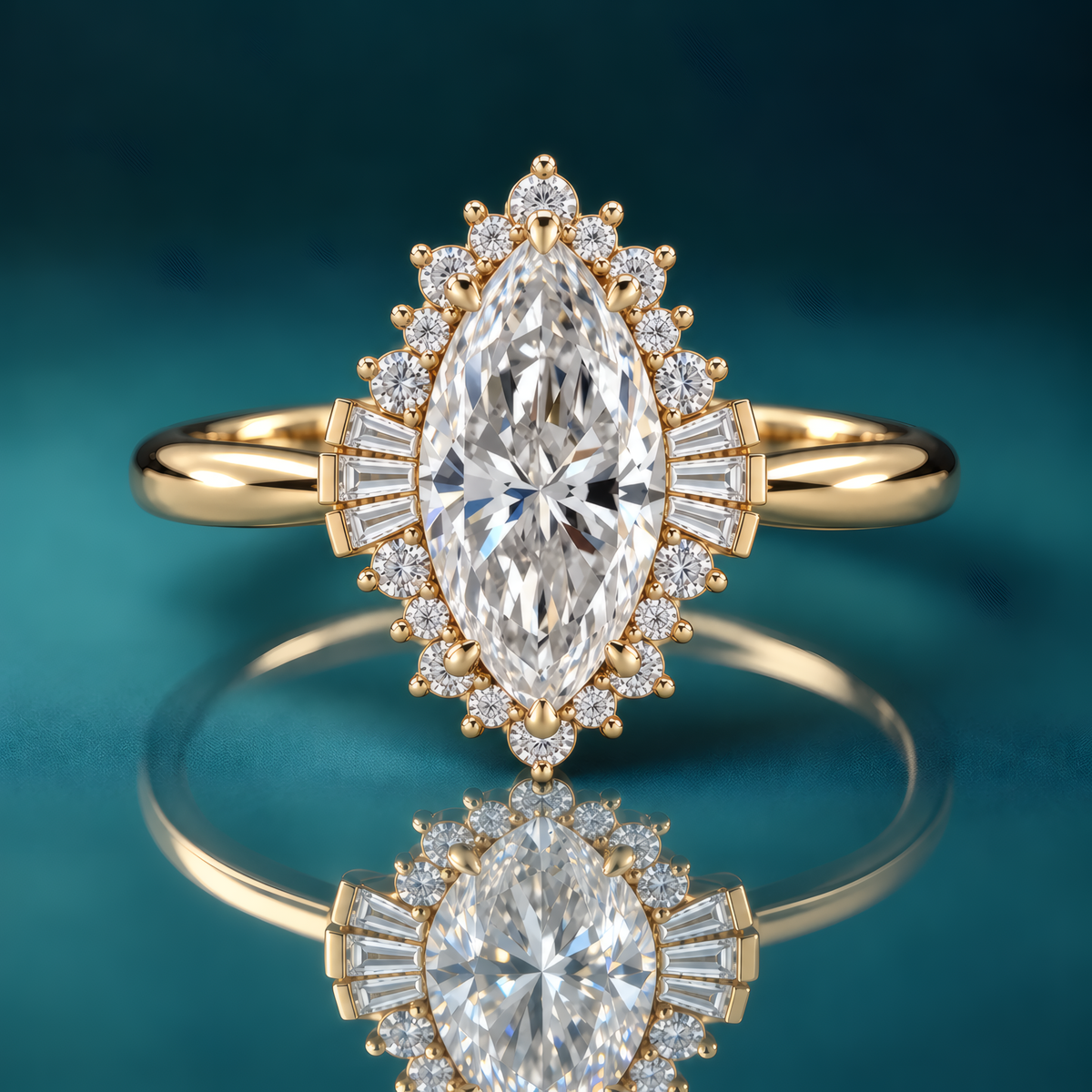 Unique gold marquise diamond halo engagement ring