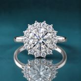 A white gold halo ring featuring a large round brilliant-cut center stone surrounded by a halo of smaller round stones.