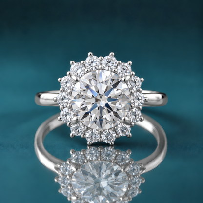 A white gold halo ring featuring a large round brilliant-cut center stone surrounded by a halo of smaller round stones.