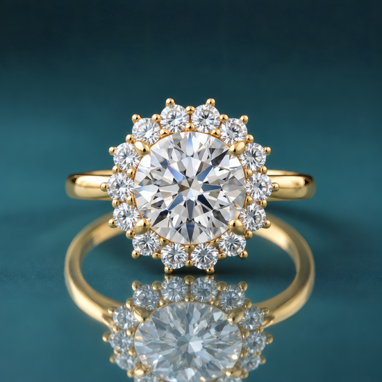 A yellow gold halo ring featuring a large round brilliant-cut center stone surrounded by a halo of smaller round stones.