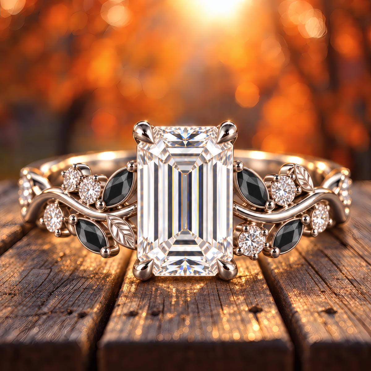 Noctis engagement ring in white gold with emerald-cut diamond and black marquise accents on a vine band