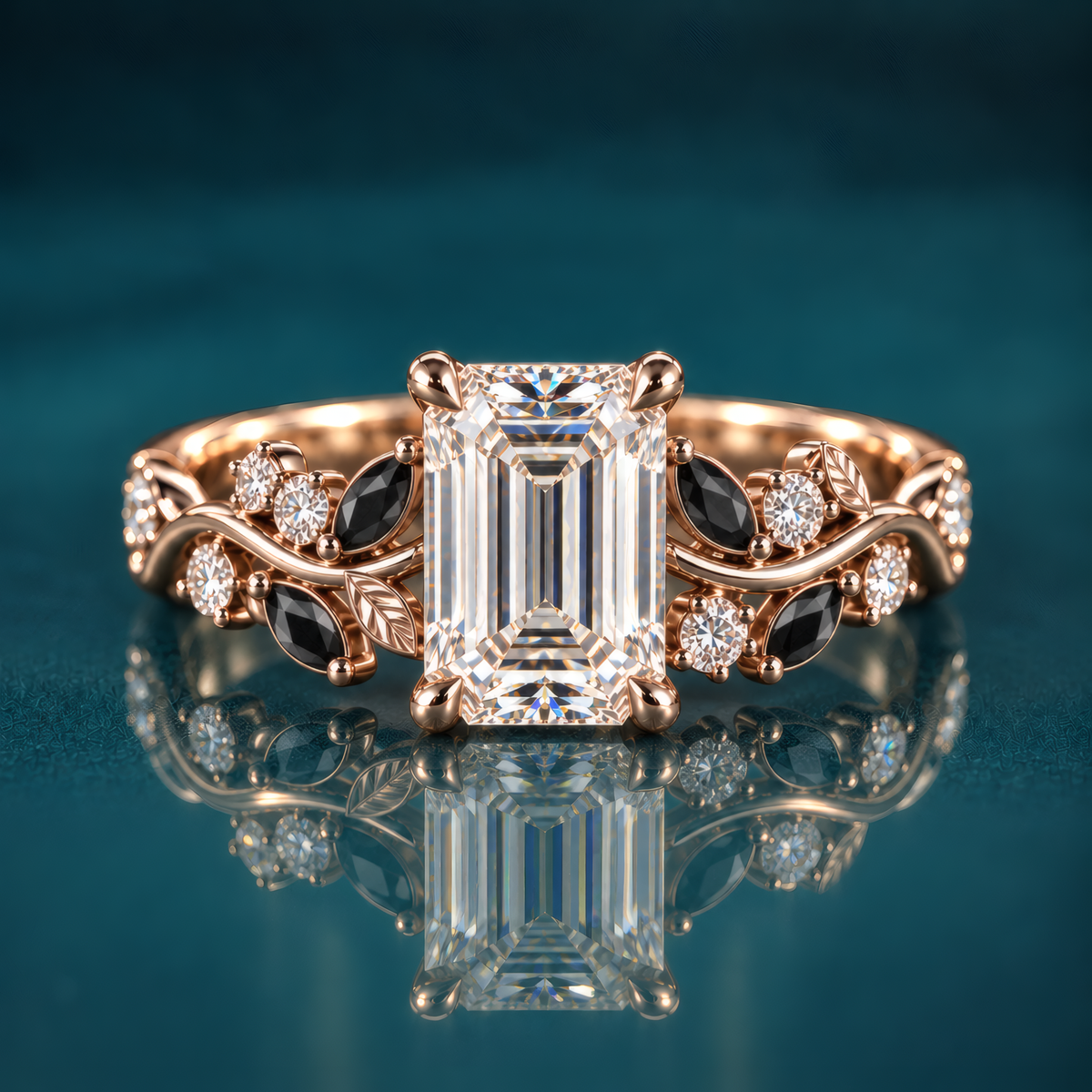 Noctis pairs gold with an emerald-cut diamond with a winding vine band set with deep black marquise accents and sparkling round diamonds, a striking contrast of light and shadow.