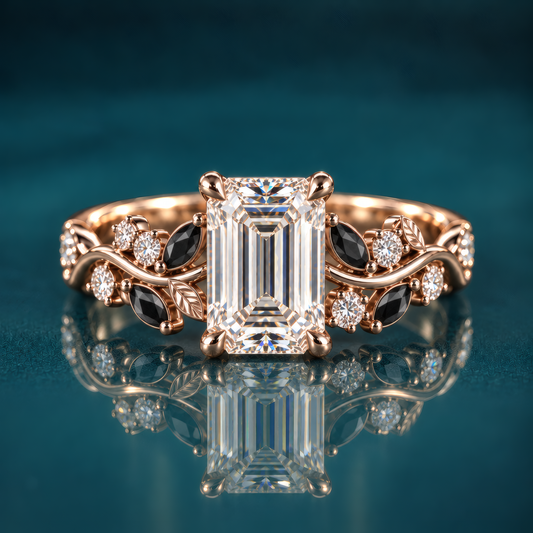 Noctis pairs gold with an emerald-cut diamond with a winding vine band set with deep black marquise accents and sparkling round diamonds, a striking contrast of light and shadow.