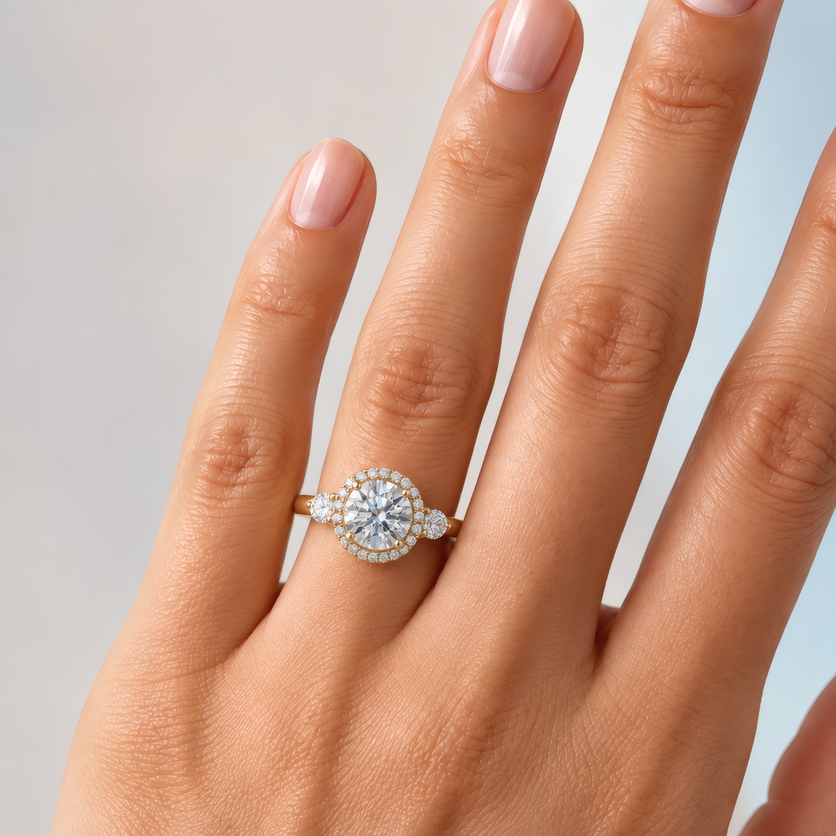 Gold halo three-stone engagement ring with a round center worn on the left ring finger of a delicate woman's hand.