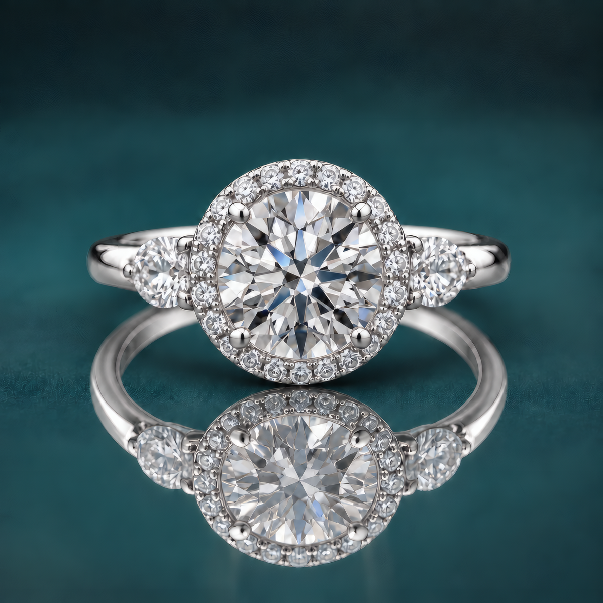 White gold halo three-stone engagement ring with a round center diamond and 2 pear-shaped side diamonds.