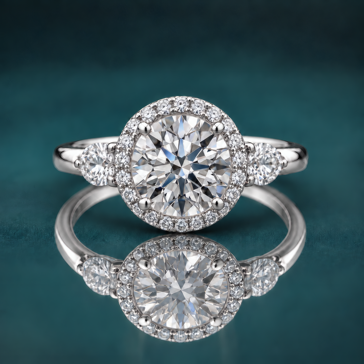 White gold halo three-stone engagement ring with a round center diamond and 2 pear-shaped side diamonds.