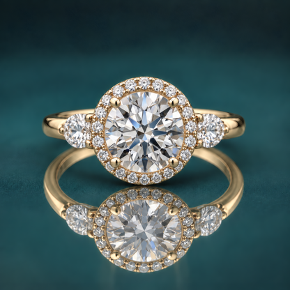 Gold halo three-stone engagement ring with a round center diamond and 2 pear-shaped side diamonds.