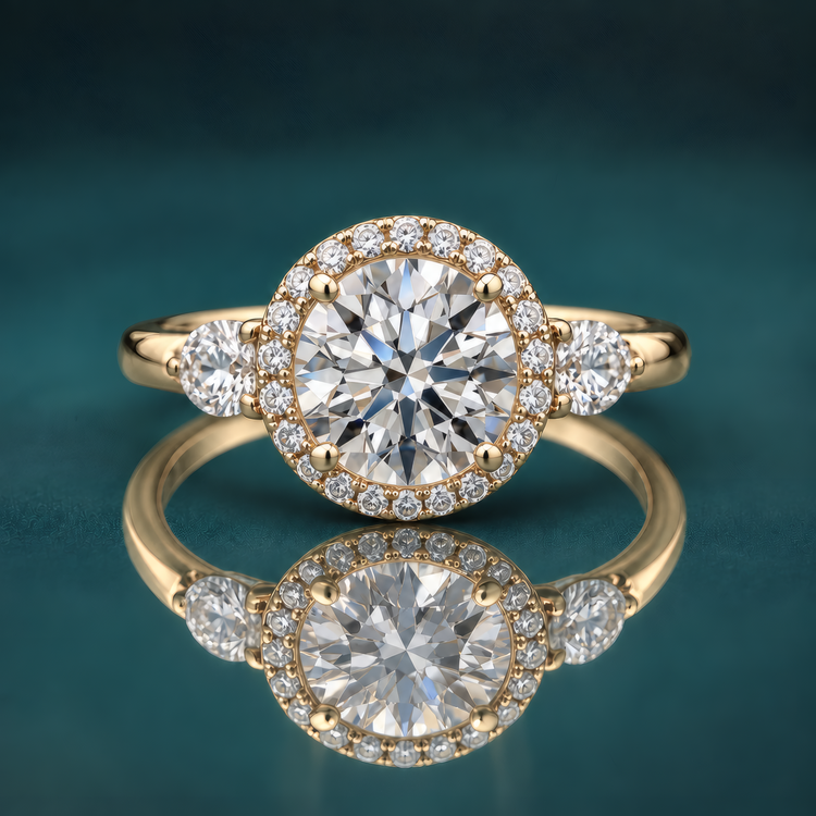 Gold halo three-stone engagement ring with a round center diamond and 2 pear-shaped side diamonds.