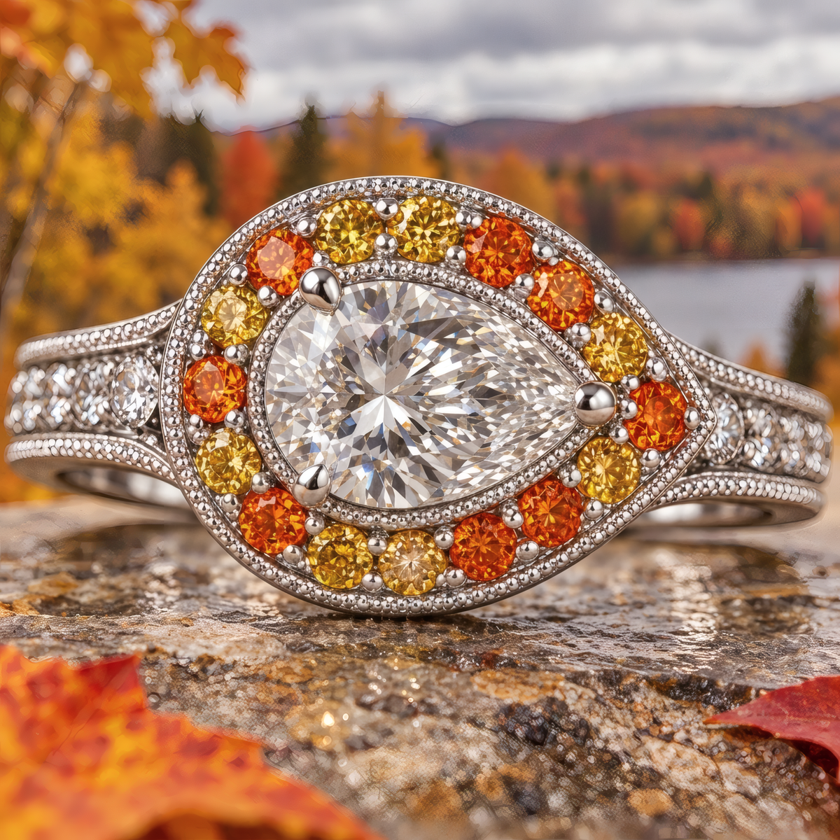 Oro engagement ring in white gold with an east-west pear-shaped diamond and amber and golden halo, resting on a stone with autumn trees and a lake behind