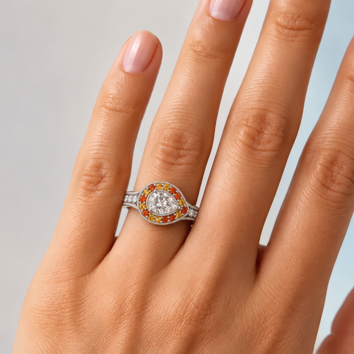 Oro engagement ring in white gold worn on a woman's hand, showing the east-west pear-shaped diamond in a halo of amber and golden stones