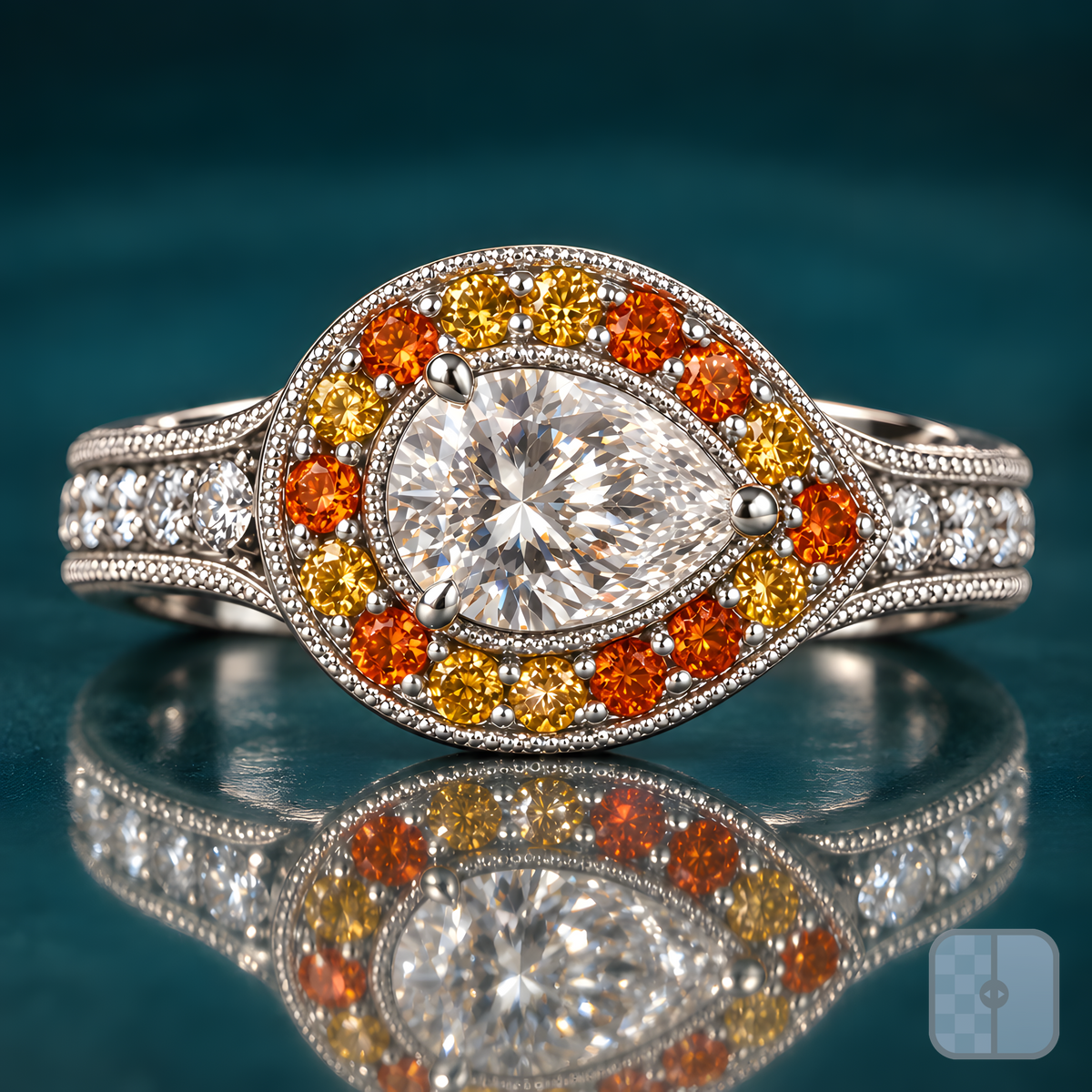 Oro engagement ring in white gold with an east-west pear-shaped diamond in a milgrain halo of amber and golden round stones on a wide diamond band