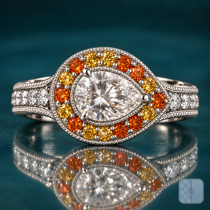 Oro engagement ring in white gold with an east-west pear-shaped diamond in a milgrain halo of amber and golden round stones on a wide diamond band