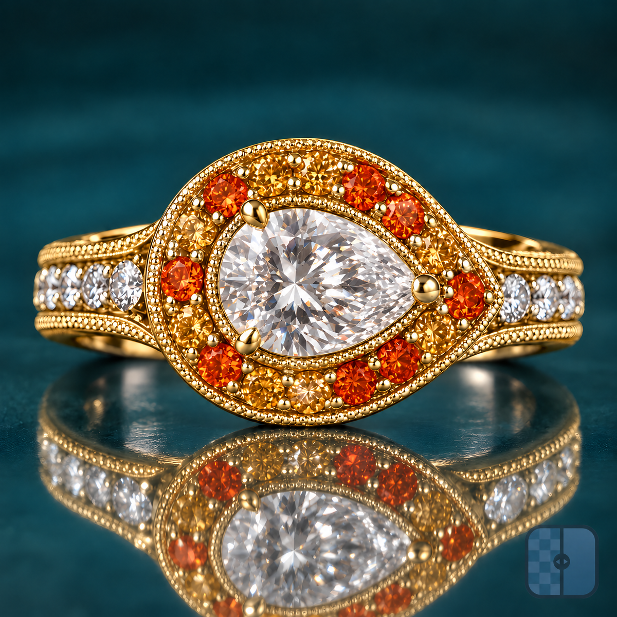 Oro engagement ring in yellow gold with an east-west pear-shaped diamond in a milgrain halo of amber and golden round stones on a wide diamond band