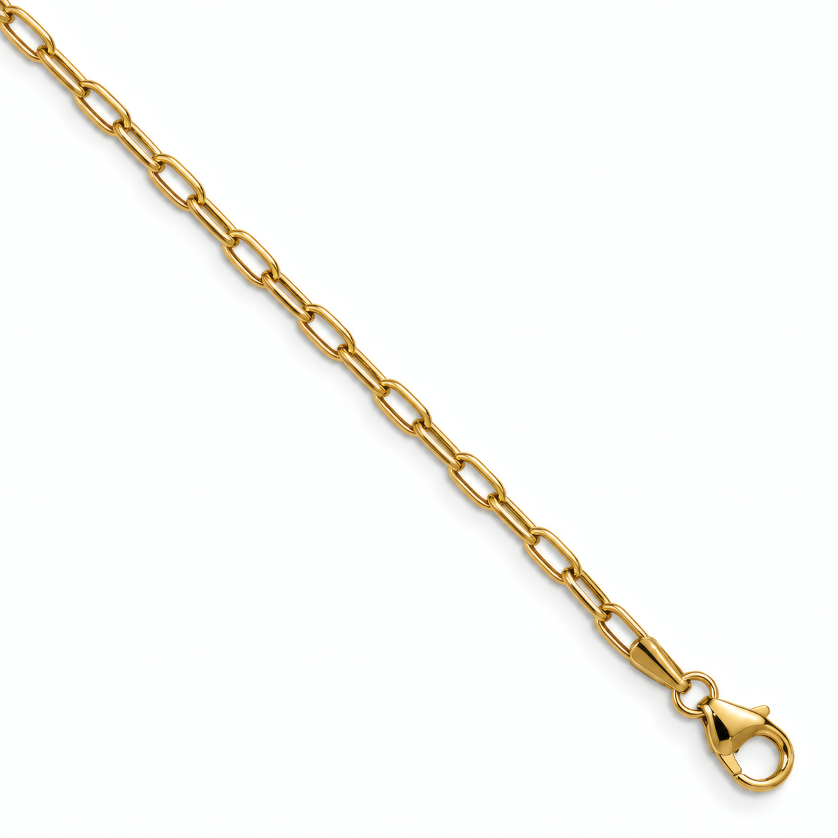 Image of the lobster clasp at the end of the 2.2mm 14k yellow gold 16" paperclip chain.