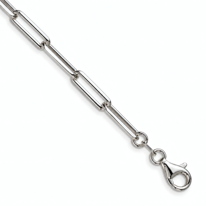 Close-up of the lobster clasp at the end of the 4.4mm sterling silver 18" paperclip chain.