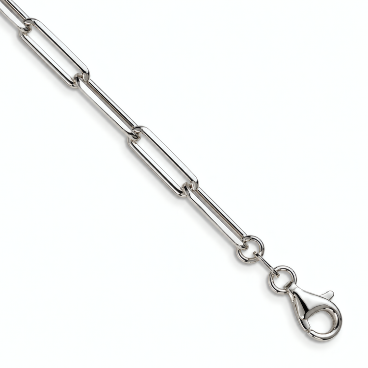 Close-up of the lobster clasp at the end of the 4.4mm sterling silver 18" paperclip chain.