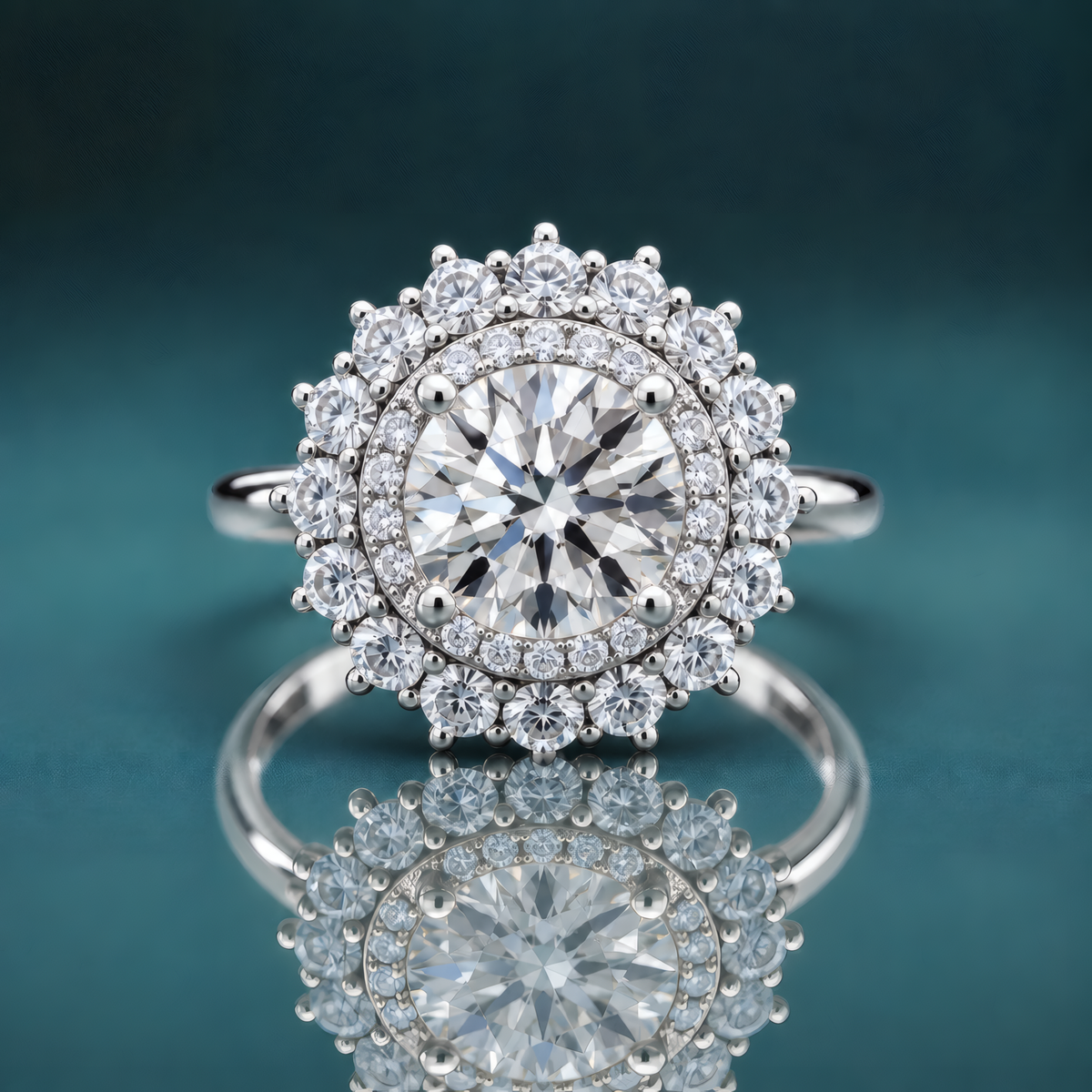 white gold double halo engagement ring featuring a round center diamond and a narrow shank.