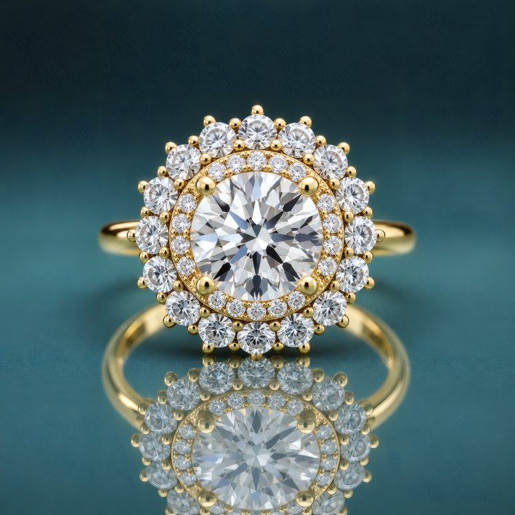 yellow gold double halo engagement ring featuring a round center diamond and a narrow shank.