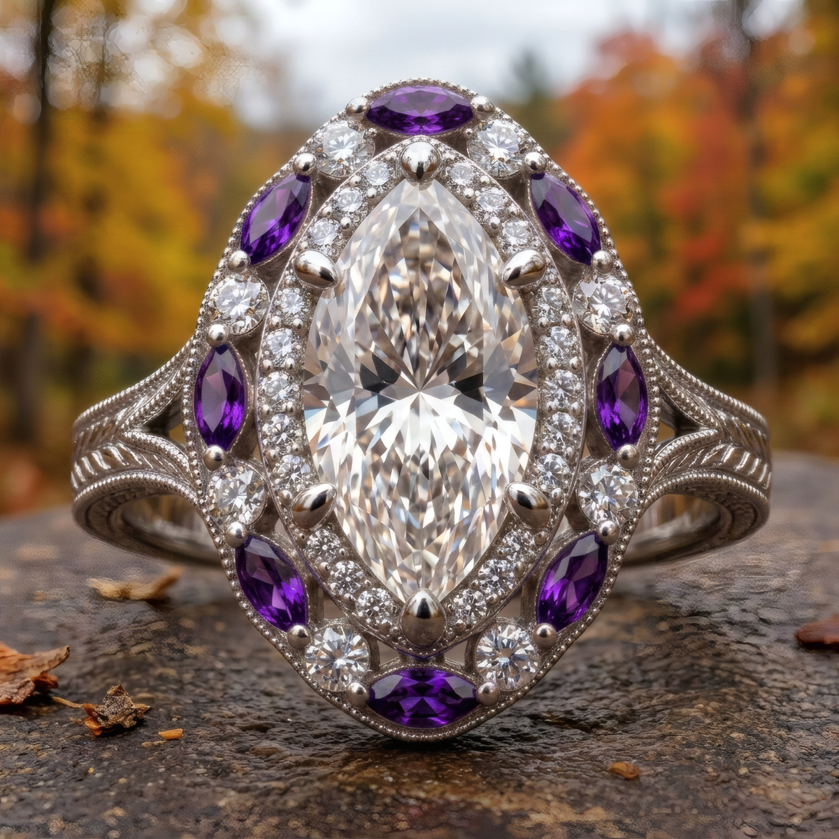 Plum engagement ring in white gold with a marquise diamond and purple marquise double halo, resting on a stone in an autumn forest