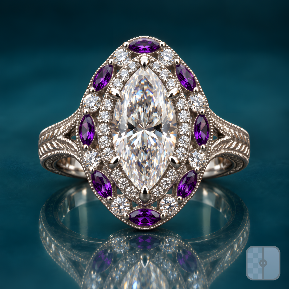 Plum engagement ring in white gold with a marquise diamond in a pavé halo and an outer halo of purple marquise stones and round diamonds on an engraved split-shank band